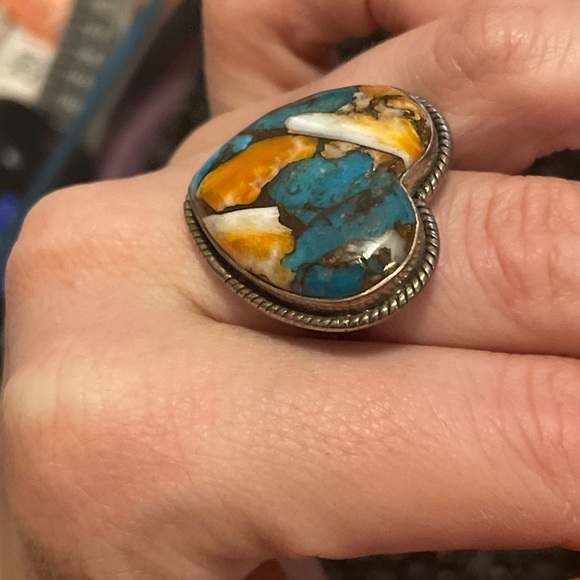 Sterling Silver Native American Sw Orange Spiny Turquoise Mix Heart Ring Adjust - Picture 7 of 9